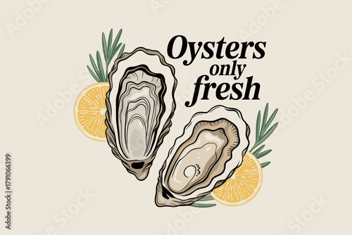 Stylish Illustrated Design of Fresh Oysters with Lemon and Rosemary Against a Soft Beige Background