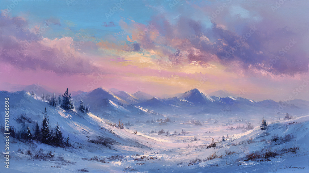 Fototapeta premium Christmas snowy hills under pastel sunrise 