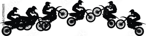 Motocross rider silhouettes jumping on dirt bikes, extreme sport vector illustration, motorcycle racing action concept, isolated black design on white background