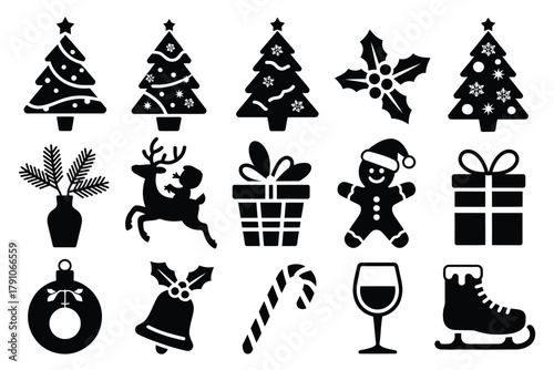 A collection of festive Christmas icons including trees, gifts, and ornaments.