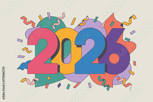 Festive 2026 Celebration with Colorful Confetti and Playful Shapes in Vibrant Tones