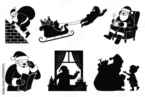 A collection of silhouette illustrations depicts Santa Claus engaged in various festive activities.