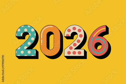 Colorful and Playful 2026 New Year Celebration Design with Bright Yellow Background