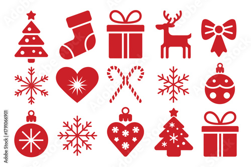 A collection of red Christmas icons including trees, ornaments, snowflakes, and gifts on a white background.