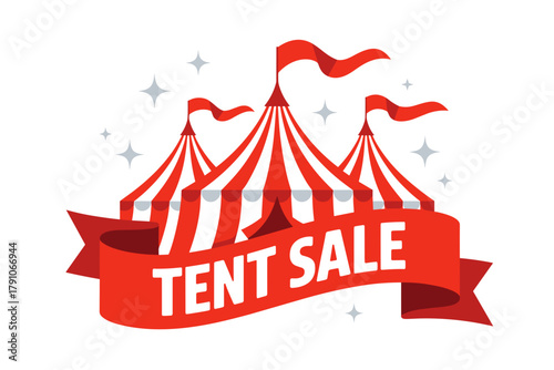 Exciting Tent Sale Promotion with Bold Red and White Striped Tents Against a Bright Background