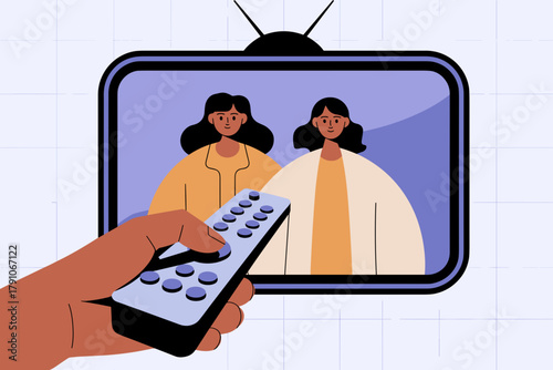 Engaging Scene of Two Friends on TV Screen with a Hand Holding Remote in Colorful Modern Setting