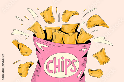 Playful Snack Time with Colorful Crispy Chips Bursting from a Bright Pink Bag