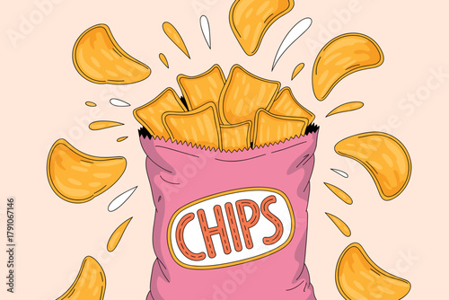 Colorful Snack Attack: Playful Illustration of Crispy Potato Chips Flying Out of a Vibrant Pink Bag