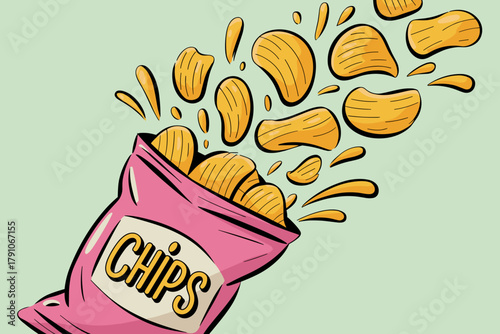 Vibrant Cartoon-Style Snack Bag Exploding with Crunchy Potato Chips Against a Soft Green Background
