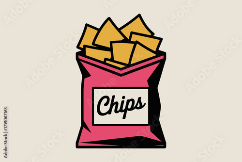Vibrant Pop Art Style Chip Bag Packed with Crispy Corn Chips on Creamy Background