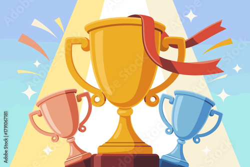 Triumphant Celebration of Achievement with Colorful Trophies and Festive Sparkles