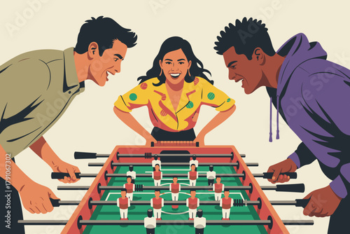 Joyful Friends Engaged in Competitive Foosball Match with Lively Expressions and Vibrant Colors