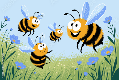Cheerful Cartoon Bees Dancing Amongst Colorful Wildflowers in a Bright Blue Sky
