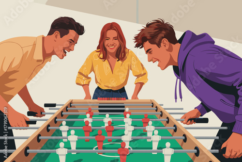 Energetic Friends Engaged in a Fun Foosball Game with Joyful Expressions and Vibrant Colors
