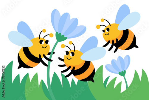 Cheerful Cartoon Bees Buzzing Around Delicate Blue Flowers in Vibrant Green Grass