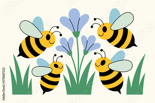 Playful Cartoon Bees Pollinating Blue Flowers in Cheerful Green Grass on Light Background
