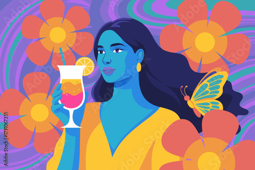 Vibrant Summer Cocktail Celebration with Blue-Hued Woman and Colorful Flowers in Playful Background