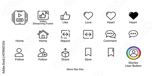 Instagram icons set. Live video streaming frame. Like, love, heart, home, repost, comment, follow, share, save, stories user button signs, set social media notification functional icon
