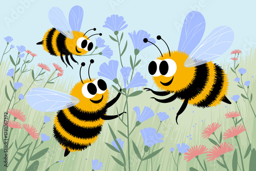Playful Cartoon Bees Gathering Nectar Among Colorful Wildflowers on a Sunny Day