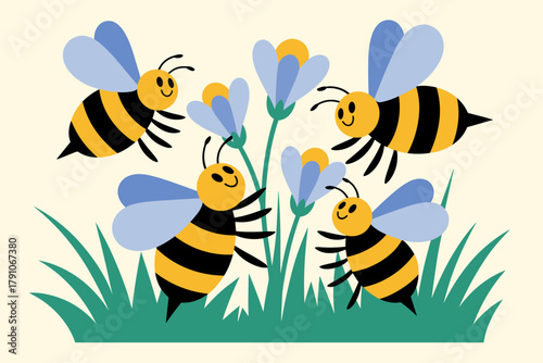 Playful Cartoon Bees Collecting Nectar from Colorful Flowers in Sunny Meadow