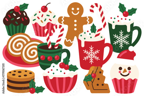 A festive collection of Christmas-themed baked goods and hot beverages are arranged together.