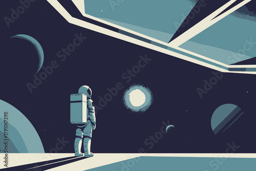 Astonishing Cosmic View of Astronaut Contemplating Celestial Bodies in Surreal Space Landscape