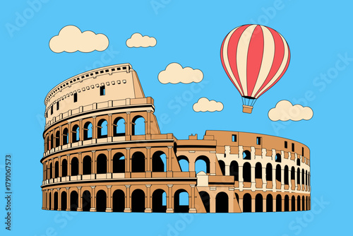 Whimsical Hot Air Balloon Floating Above Iconic Coliseum against a Bright Sky