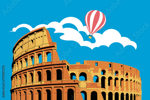 Colorful Retro Illustration of the Colosseum with Flying Hot Air Balloon Against a Bright Blue Sky