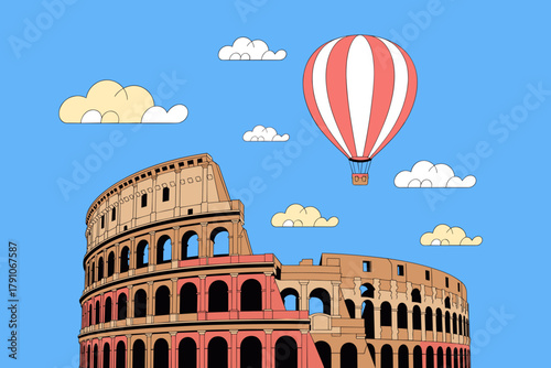 Colorful Hot Air Balloon Over Iconic Roman Colosseum Against a Clear Blue Sky