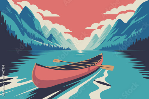 Serene Canoe Journey Across Tranquil Lake with Majestic Mountains Under a Colorful Sunset