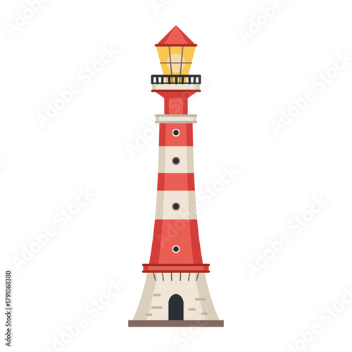 Sea detailed lighthouse icon isolated on white - vector. Beacon tower with searchlight lamp isolated icon. Vector nautical striped tower, navigation symbol, seafarer beacon.