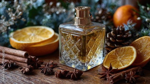 Luxurious fragrance bottle with citrus, cinnamon, and holiday decor