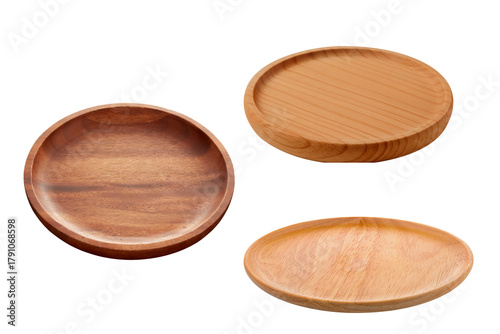 PNG image of Three wooden plates showcase natural wood grain and craftsmanship perfect for serving food or displaying decorative items in a rustic kitchen  with a clean on transparent background