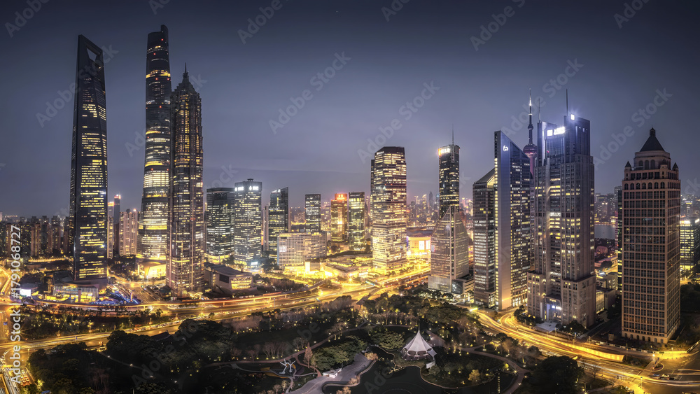 Naklejka premium Shanghai Pudong District Skyline at Dusk with Illuminated Skyscrapers and Traffic Trails