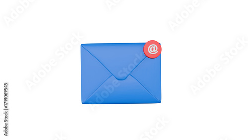 3D Blue Email Envelope with Red Notification Symbol on White Background, Modern Digital Communication and Online Messaging Concept