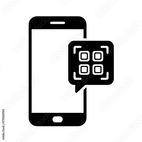Smartphone displaying a qr code inside a speech bubble for scanning information quickly and easily icon