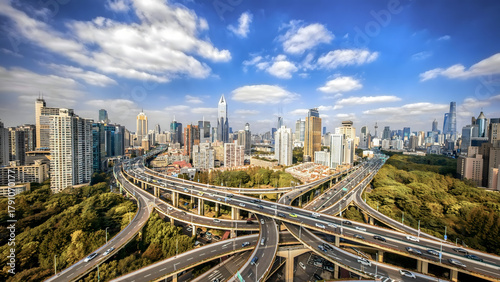 Shanghai Urban Elevated Highway Interchange with City Skyline