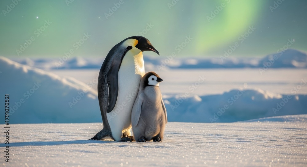 Fototapeta premium A majestic emperor penguin parent and its fluffy chick stand on the vast icy Antarctic landscape, bathed in the glow of the green aurora.