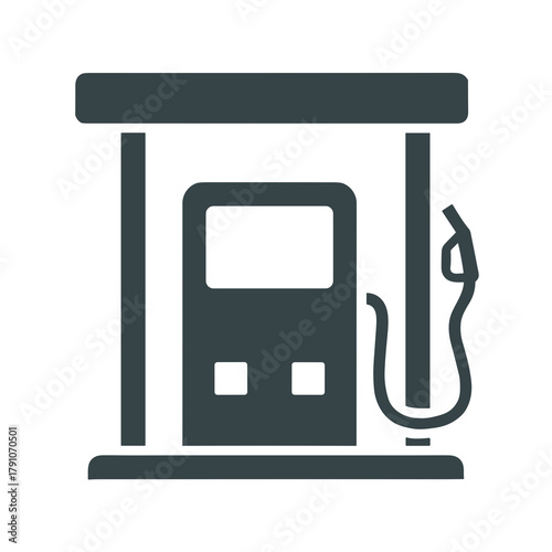 Illustration of a gas station pump with a canopy and hose for refueling vehicles at the station icon
