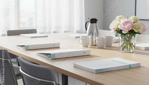 Bright and Modern Conference Room Table Set for a Meeting in a Clean, Minimalist Style Representing Corporate Collaboration and Professionalism