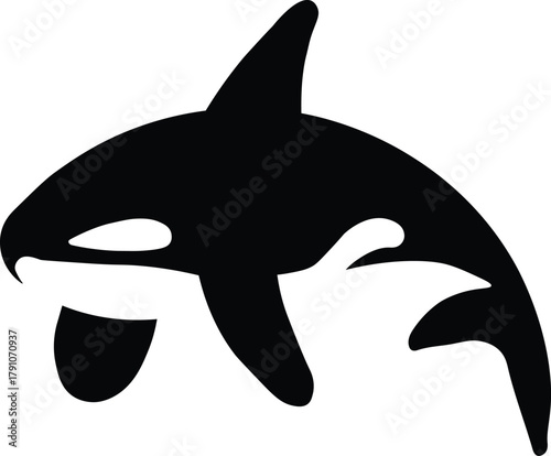 Minimalist killer whale silhouette, orca logo design, black and white animal vector illustration isolated on white background
