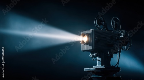 A movie projector is lit up with a bright white light. Concept of excitement and anticipation, as if the audience is about to be transported into a different world