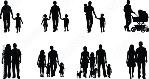 Silhouette family walking together, parents with children and stroller, family relationship concept, vector illustration for parenting and lifestyle design