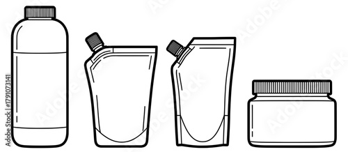 Various container mock up illustrations including a bottle, pouch, and jar, showcasing different shapes and designs for packaging concepts with copy space