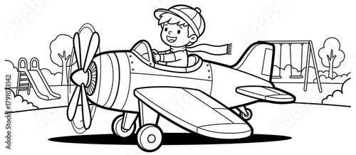 Young boy with a cap joyfully flying a toy airplane in a playground, surrounded by swings and trees, capturing the essence of childhood adventure and imagination