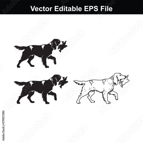 Three vector illustrations of a dog holding a bird in its mouth