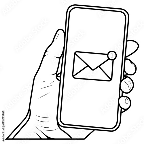 Hand holding smartphone displaying new email message notification outline illustration