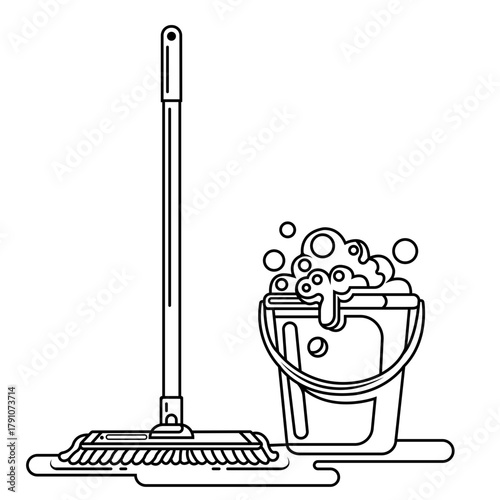 Line art illustration of essential cleaning supplies, featuring a classic mop and a bucket overflowing with sudsy water representing hygiene domestic chores