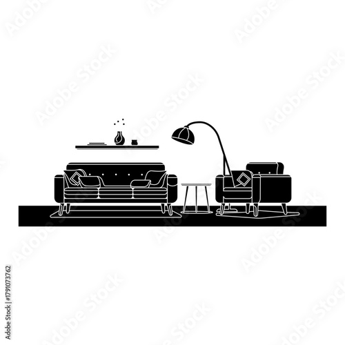 Minimalist black and white line art illustration depicting a modern living room furniture setup with a comfortable sofa