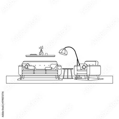 Minimalist line art illustration of a living room interior with a sofa, armchair, floor lamp, coffee table, and wall shelf displaying a book and vase, depicting modern home furniture